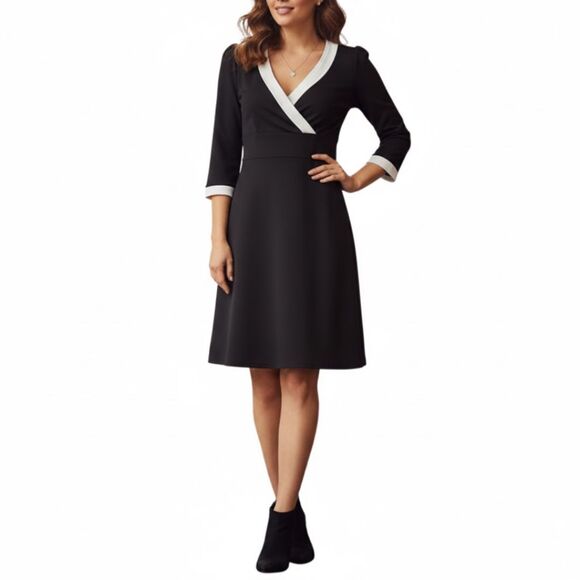 Boston Proper Black White A-Line Dress Size 8 Career Office V-Neck 3/4 Sleeve - Picture 7 of 8